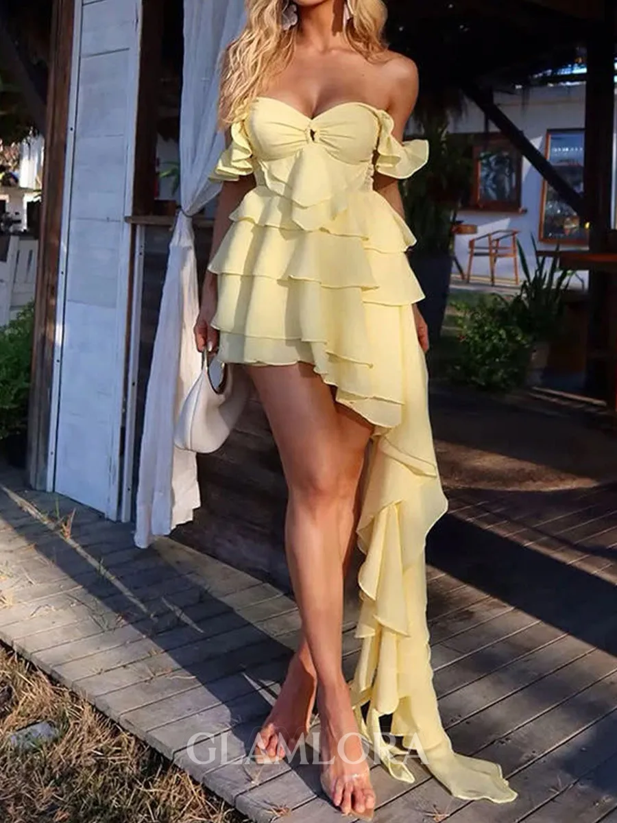 Opulent A-line Off-the-Shoulder Cascading Ruffles Short/Mini Chiffon Homecoming Dress