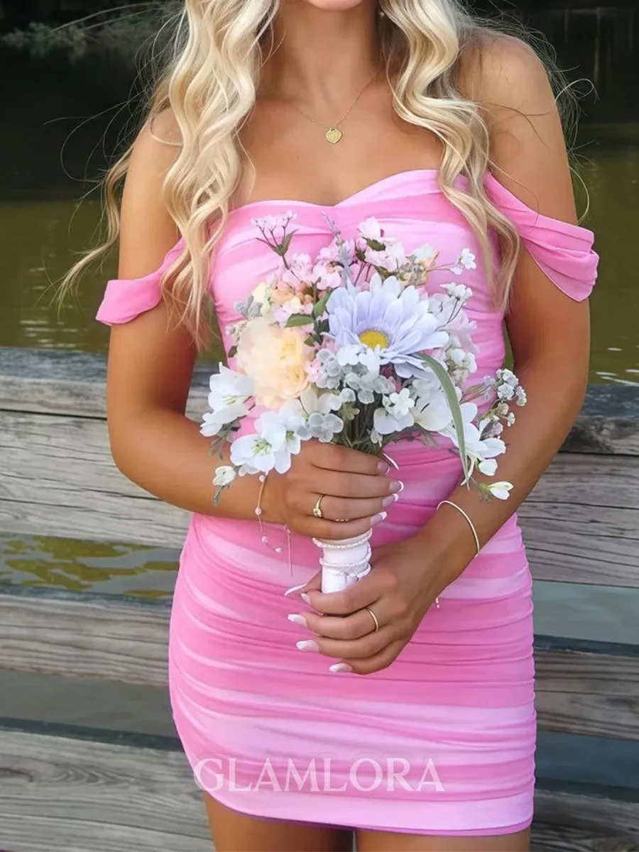 Show-stopping Sheath Off-the-Shoulder Pleated Short/Mini 30D Chiffon Corset Homecoming Dress