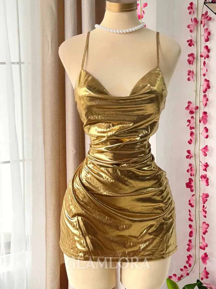 Grand Sheath Spaghetti Straps Pleated Short/Mini Metallic Satin Homecoming Dress