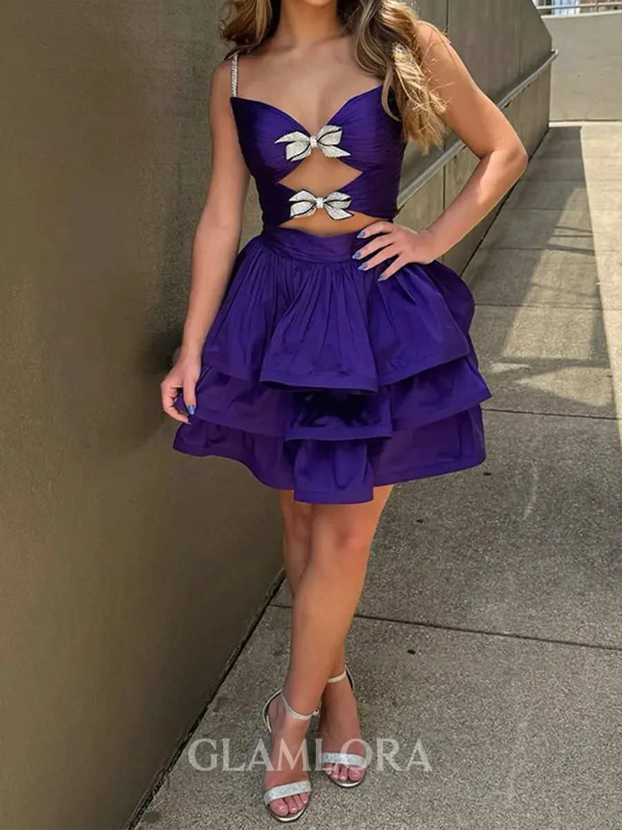 Gorgeous A-line V-Neck Cascading Ruffles Short/Mini Silk Like Satin Corset Homecoming Dress