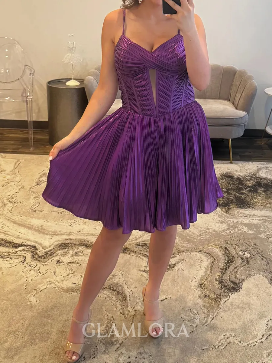 Splendiferous A-line Spaghetti Straps Ruffles Short/Mini Metallic Satin Corset Homecoming Dress