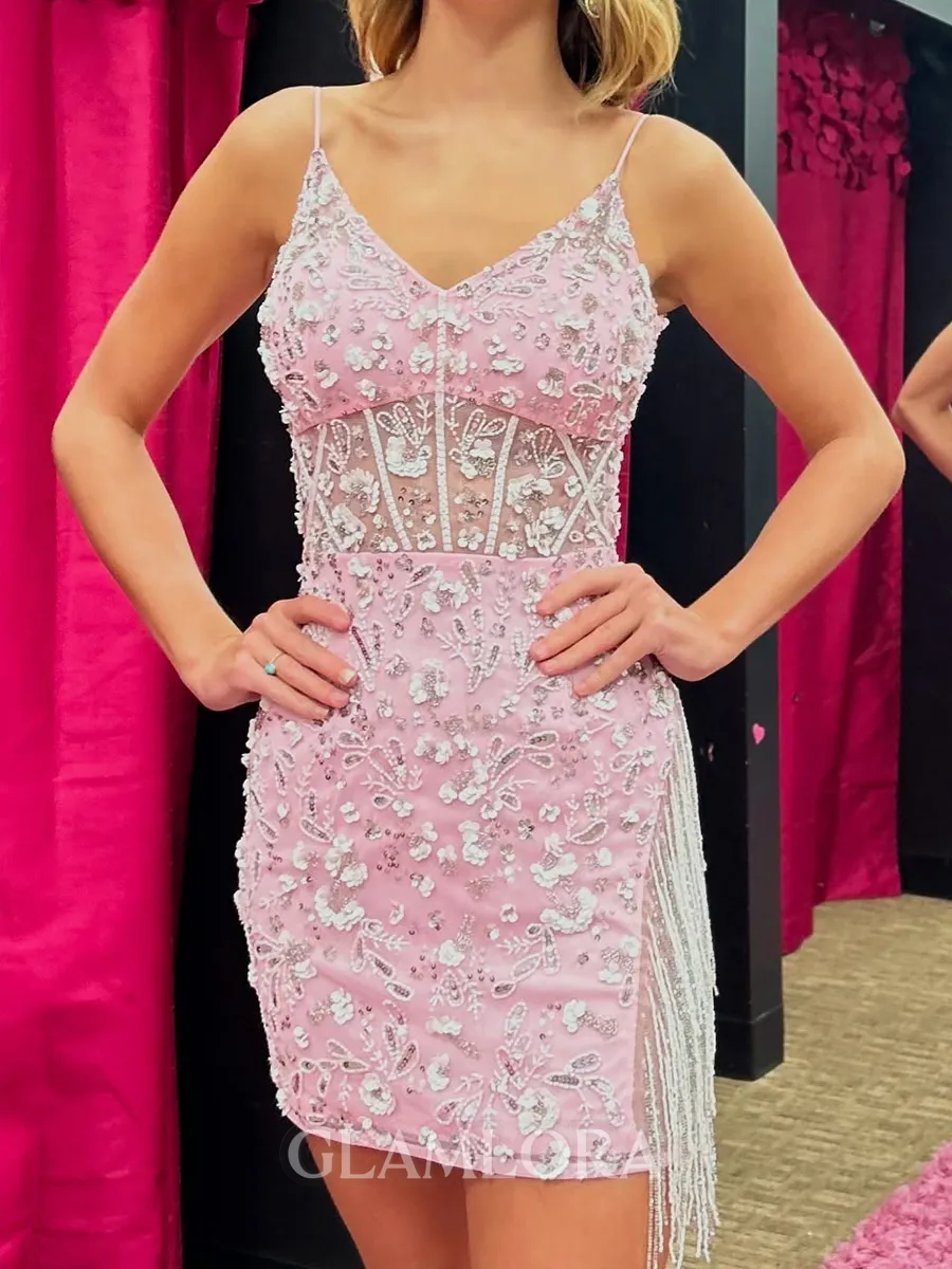 Classy Sheath V-Neck Beading Short/Mini Lace Corset Homecoming Dress