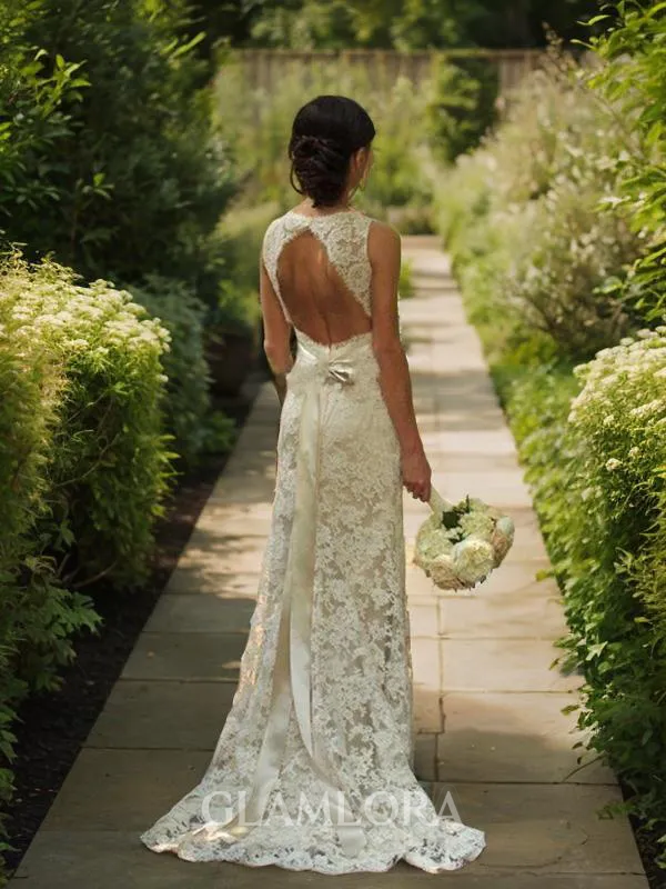 Sheath/Column V-Neck Sleeveless Chic Court Train Lace Wedding Dress