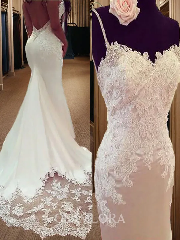 Trumpet/Mermaid Spaghetti Straps Elegant Sleeveless Court Train Silk like Satin Wedding Dress With Applique