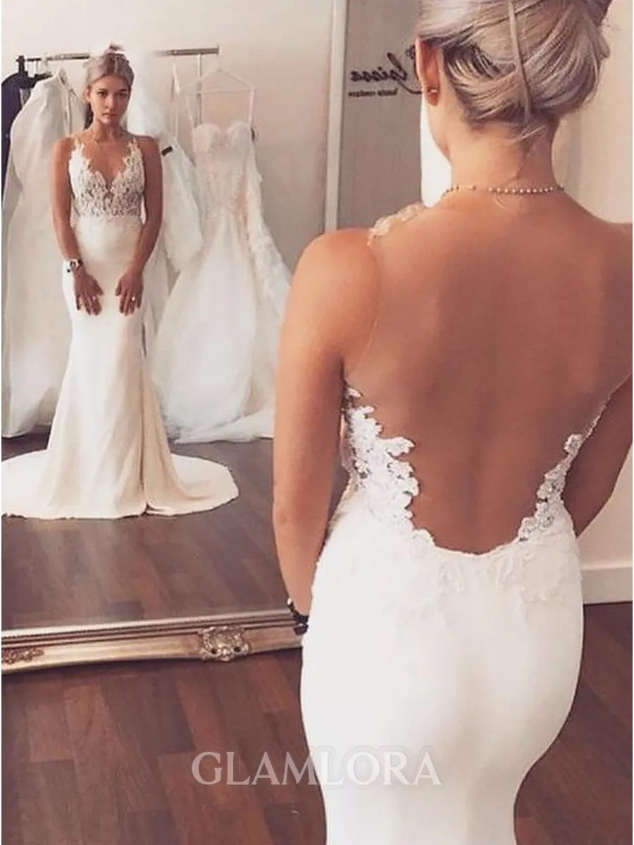 Trumpet/Mermaid Scoop Sleeveless Court Train Sophisticated Stretch Crepe Wedding Dress With Applique