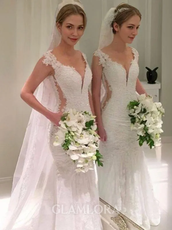 Trumpet/Mermaid Seductive V-Neck Sleeveless Sweep Train Lace Wedding Dress