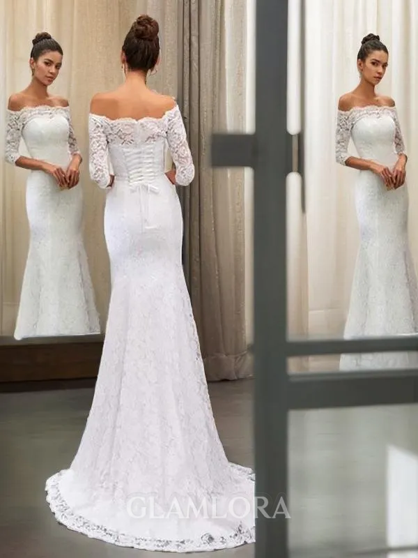 Trumpet/Mermaid Off-the-Shoulder Long Sleeves Sweep Train Glamorous Lace Wedding Dress