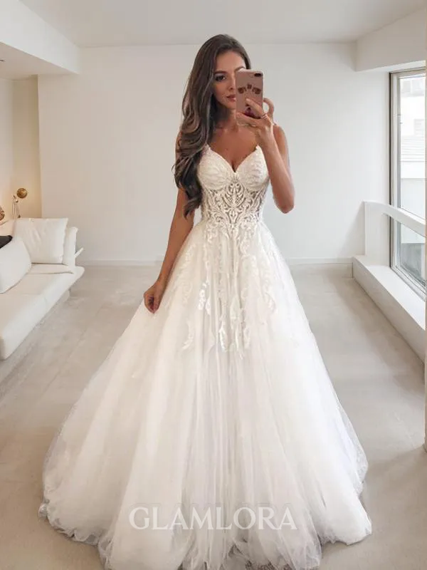 A-line Princess Sweetheart Sleeveless Floor-Length Tulle Graceful Wedding Dress With Lace