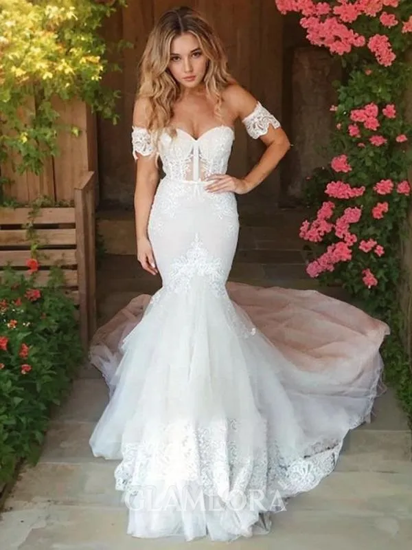 Trumpet/Mermaid Sweetheart Sleeveless Flair Sweep Train Tulle Wedding Dress With Applique
