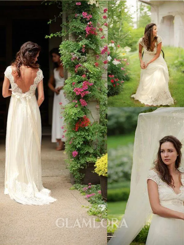 A-line Princess V-Neck Sleeveless Sweep Train Tulle Stunning Wedding Dress