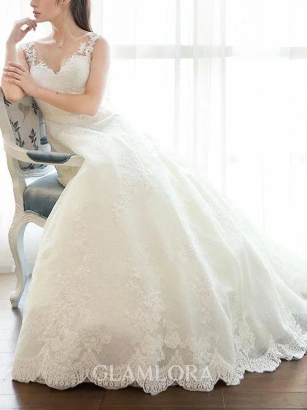 A-line Fashion V-Neck Sleeveless Court Train Lace Wedding Dress With Applique