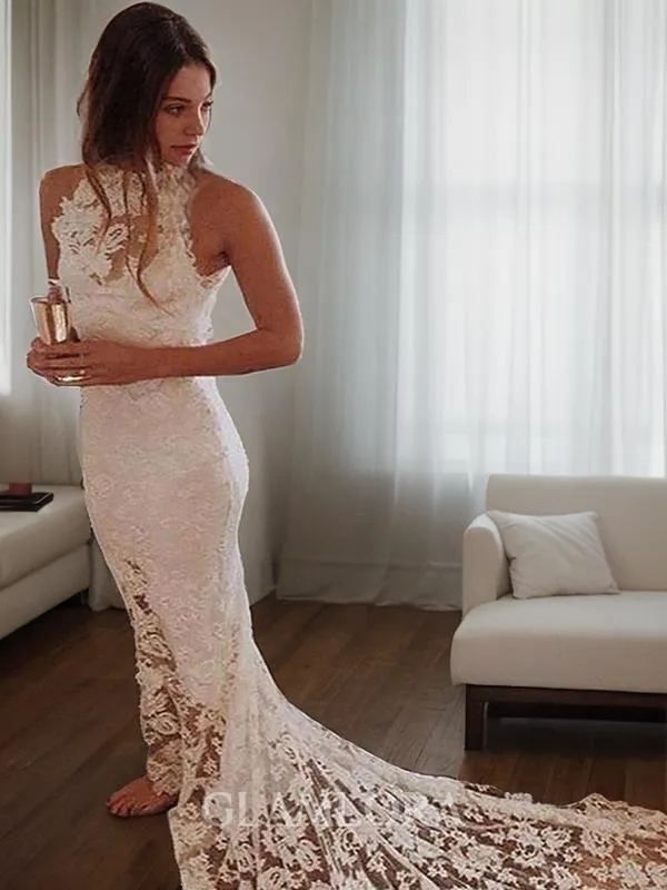 Trumpet/Mermaid Halter Sleeveless Chapel Train Ariel Lace Wedding Dress