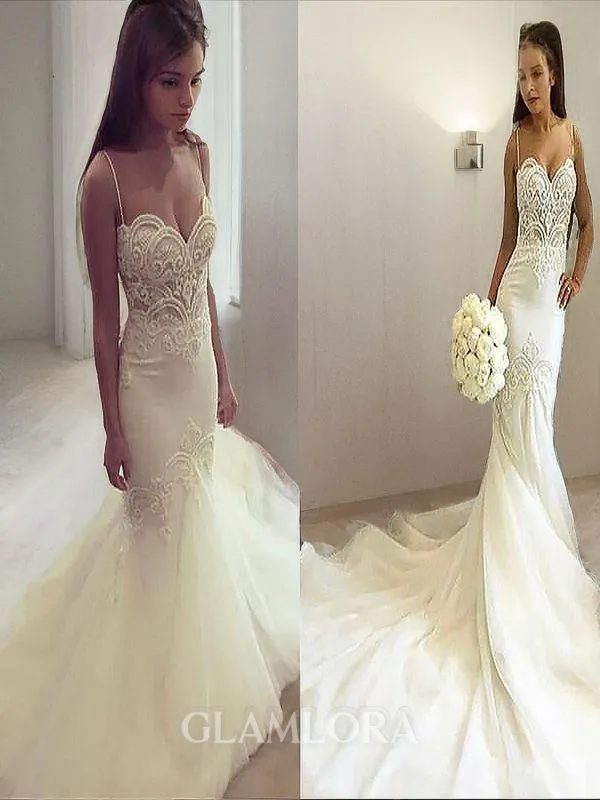 Trumpet/Mermaid Spaghetti Straps Sleeveless Chapel Train Flattering Tulle Wedding Dress