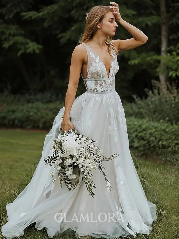 A-line V-Neck Sleeveless Dazzling Sweep Train Lace Wedding Dress