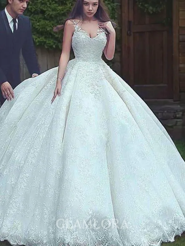 Ball-Gown Princess Spaghetti Straps Sleeveless Sweep Train Cinderella Tulle Wedding Dress With Lace