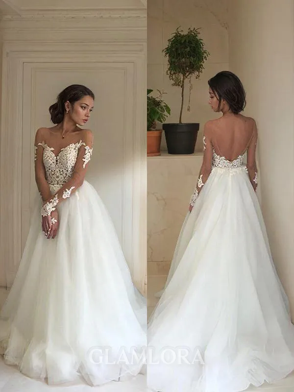 A-line Princess Feminine Off-the-Shoulder Long Sleeves Sweep Train Tulle Wedding Dress
