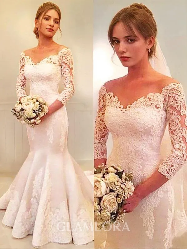 Trumpet/Mermaid Off-the-Shoulder 3/4 Sleeves Court Train Head-turning Satin Wedding Dress