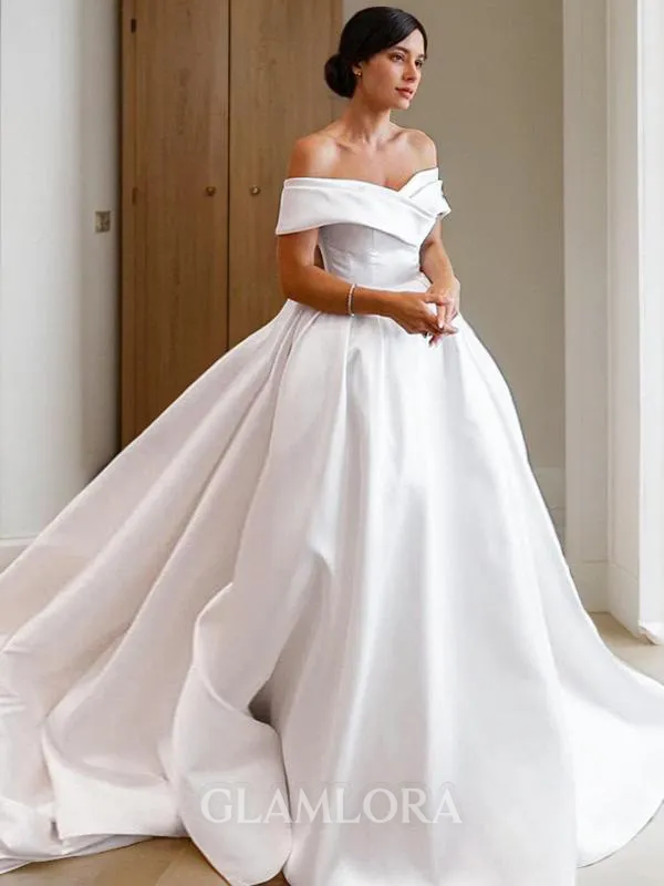 A-line Pretty Off-the-Shoulder Sleeveless Chapel Train Satin Wedding Dress