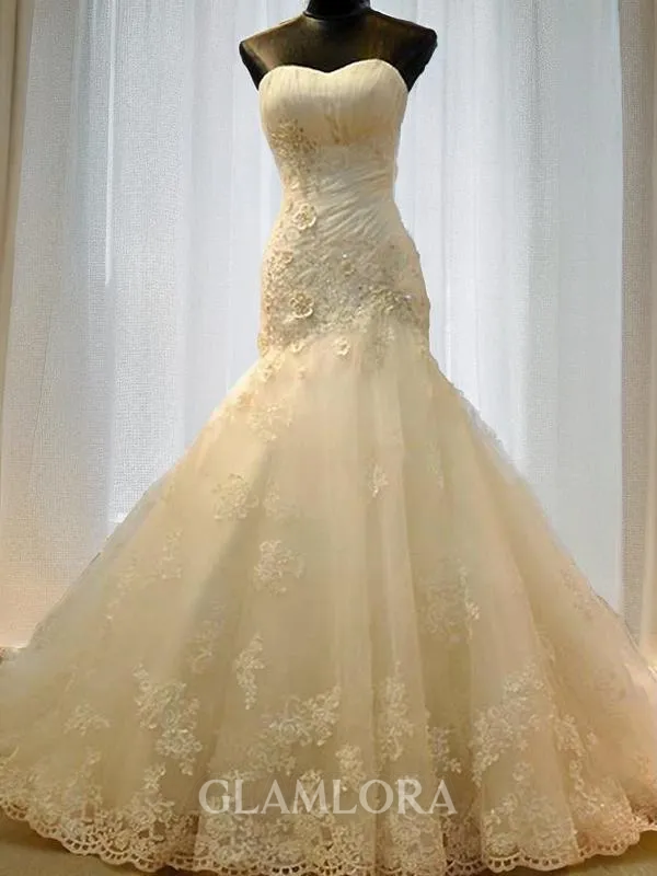 Trumpet/Mermaid Sweetheart Sleeveless Court Train Tulle Curvaceous Wedding Dress With Applique