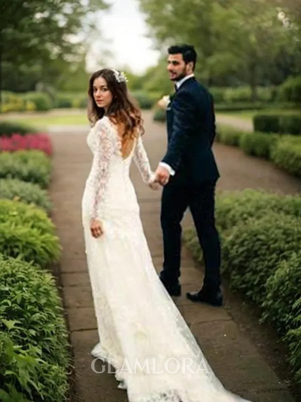 Sheath/Column V-Neck Contemporary Long Sleeves Court Train Lace Wedding Dress With Applique