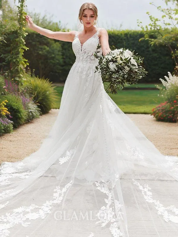 A-line Princess V-Neck Sleeveless Court Train Open Back Tulle Sophisticated Wedding Dress