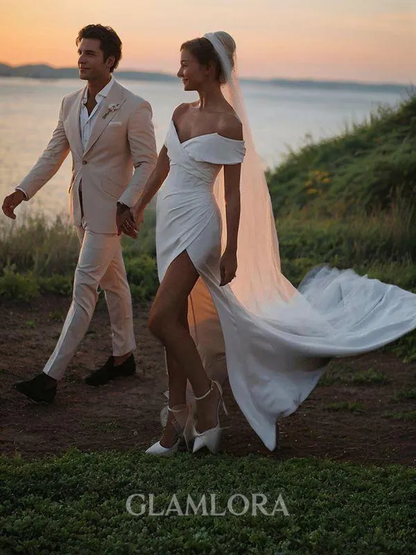 Sheath/Column Off-the-Shoulder Sleeveless Chapel Train Clean-lined Charmeuse Wedding Dress