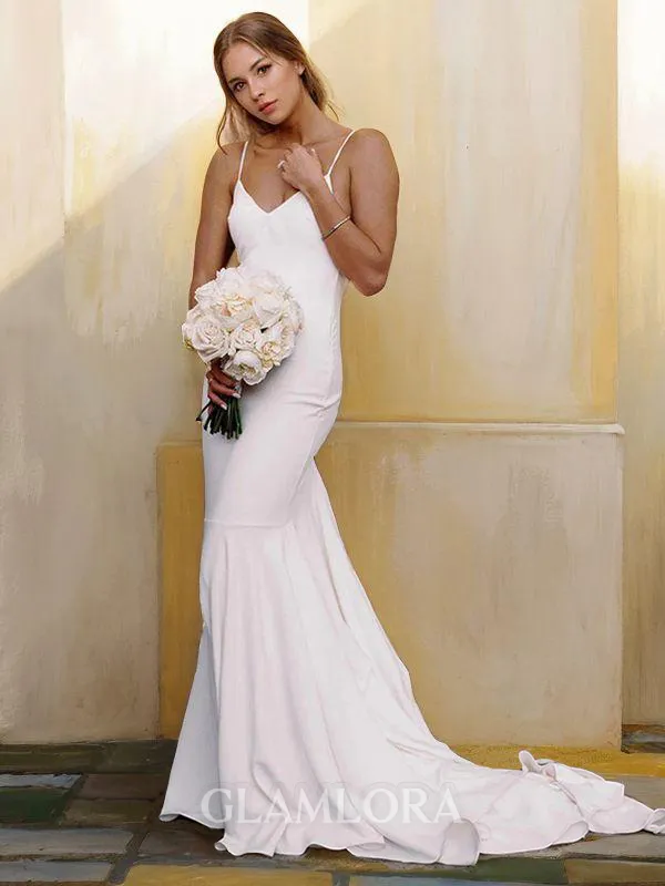 Sheath/Column V-Neck Sleeveless Court Train Contemporary Open Back Stretch Crepe Wedding Dress