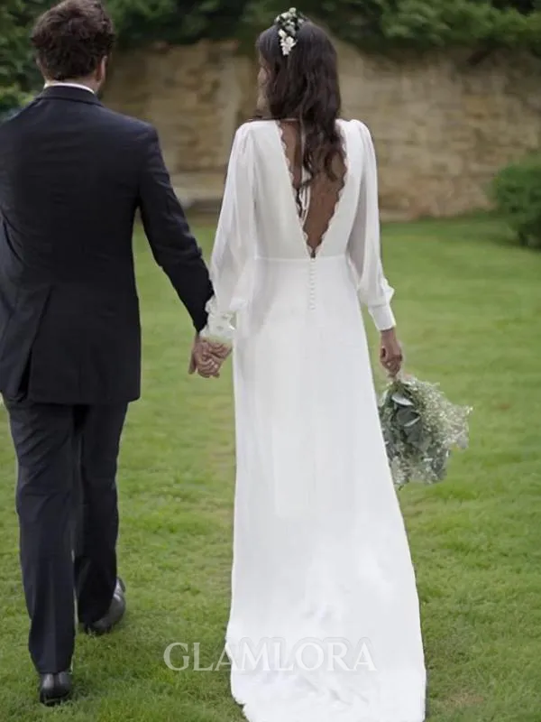 A-line Stylish V-Neck Long Sleeves Sweep Train Chiffon Wedding Dress