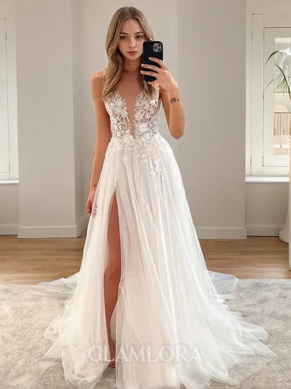 A-line Princess V-Neck Sleeveless Sweep Train Sophisticated Tulle Wedding Dress With Slit