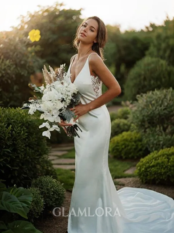 Sheath/Column V-Neck Sleeveless Court Train Flattering Silk like Satin Wedding Dress