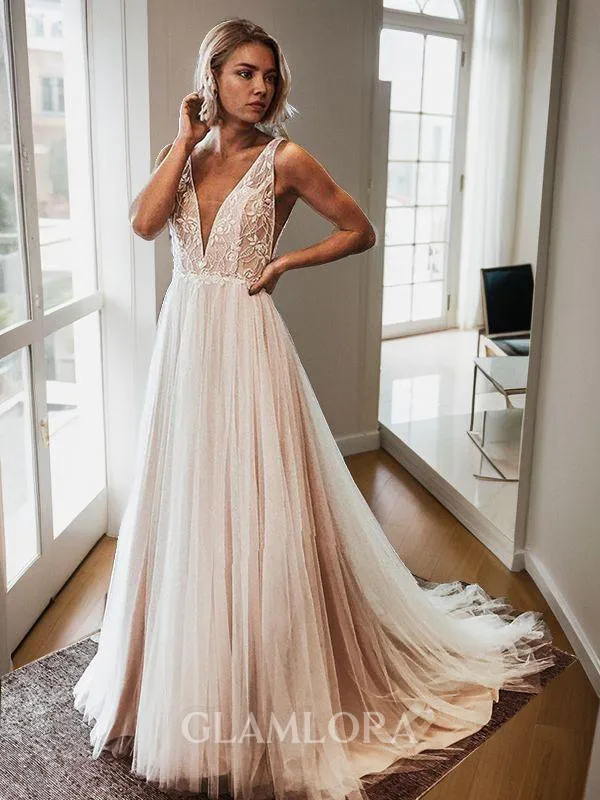A-line V-Neck Sleeveless Sweep Train Lace Subtle Wedding Dress