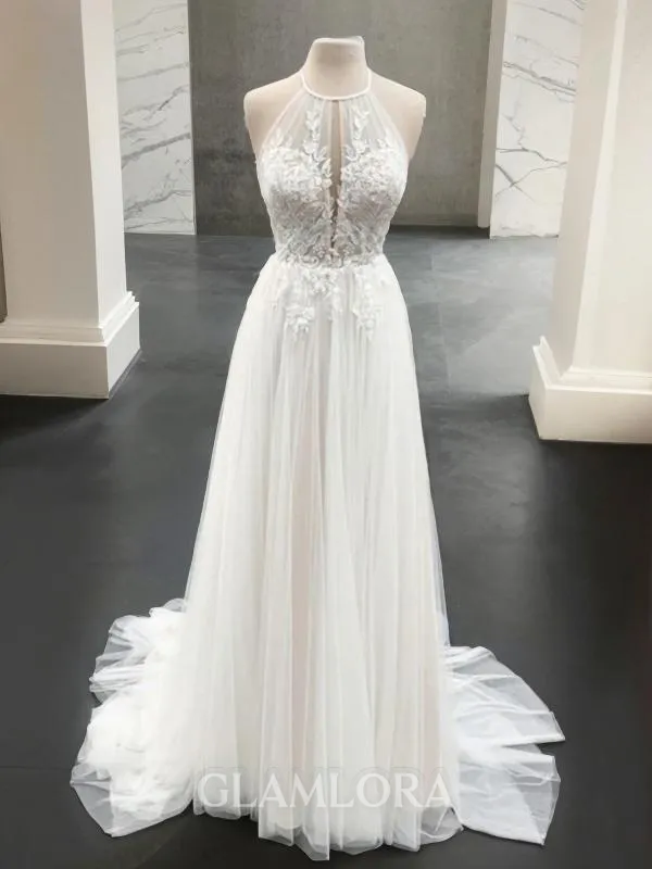 A-line Princess Halter Charming Sleeveless Sweep Train Tulle Wedding Dress