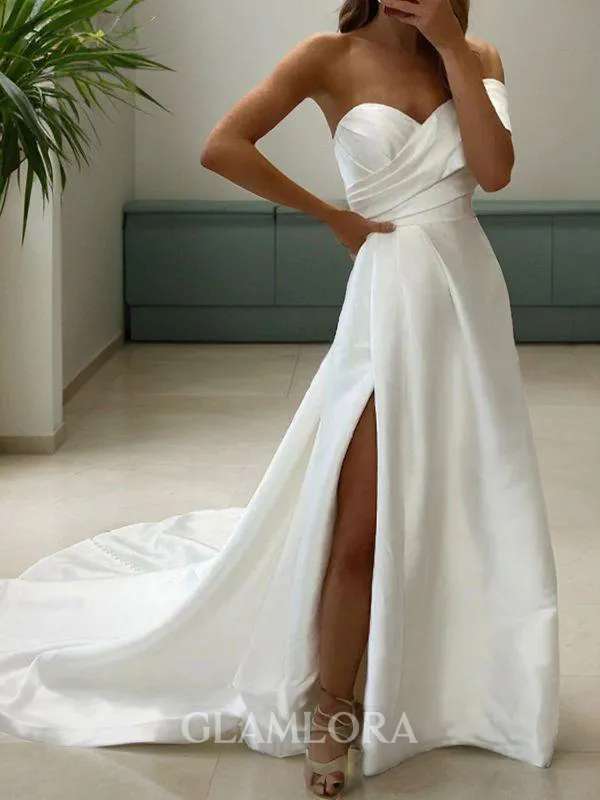 A-line Sweetheart Sleeveless Court Train Dreamy Satin Wedding Dress