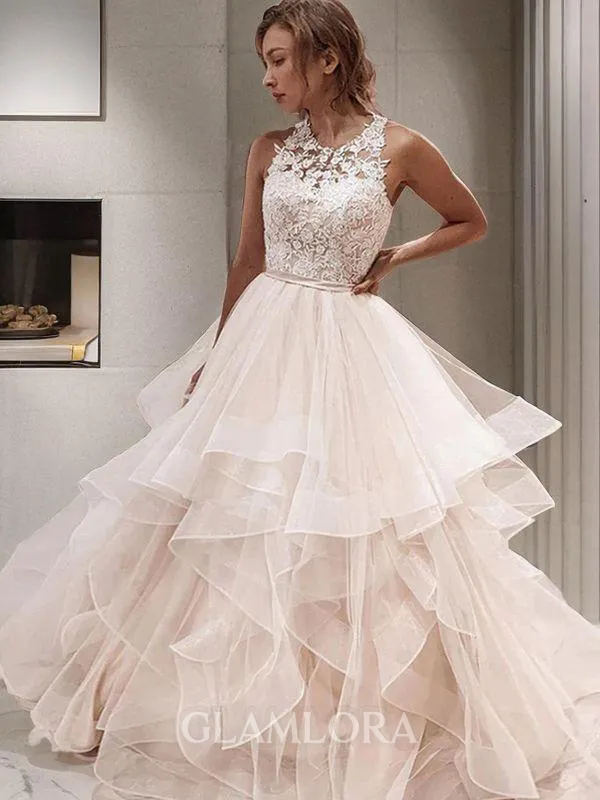 A-line Princess Scoop Sleeveless Floor-Length Tulle Perfect Wedding Dress