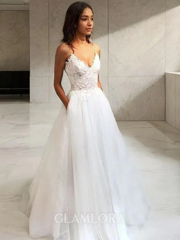 A-line Princess V-Neck Sleeveless Tea-Length Tulle Pretty Wedding Dress