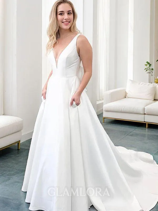 A-line V-Neck Sleeveless Court Train Satin Exquisite Wedding Dress
