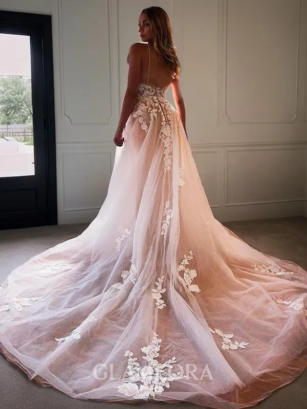 A-line Refined V-Neck Sleeveless Chapel Train Lace Wedding Dress