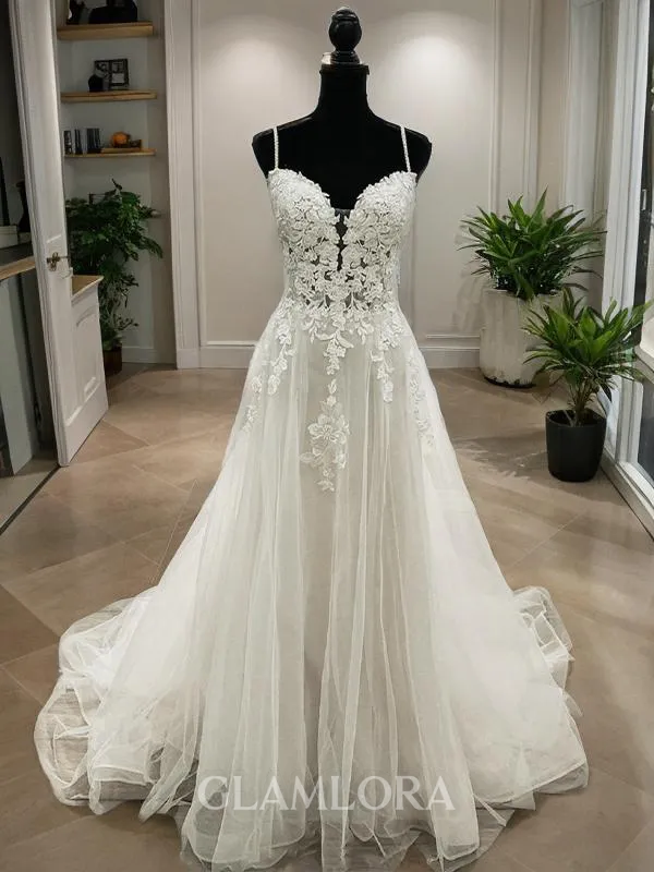 A-line Princess V-Neck Timeless Sleeveless Sweep Train Tulle Wedding Dress