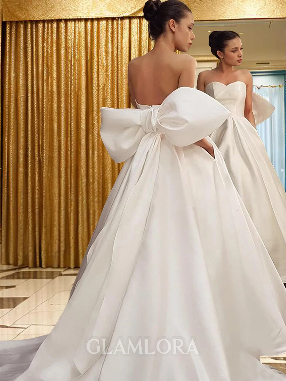 A-line Sweetheart Sleeveless Sweep Train Chic Satin Wedding Dress