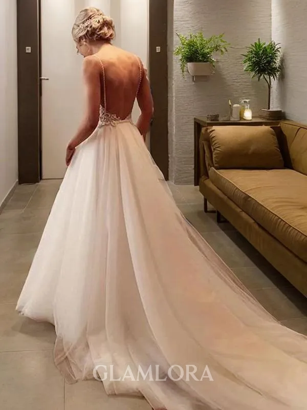 A-line V-Neck Sleeveless Chapel Train Fashion Lace Wedding Dress