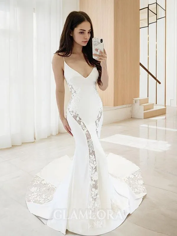 Trumpet/Mermaid V-Neck Flair Sleeveless Sweep Train Satin Wedding Dress With Lace
