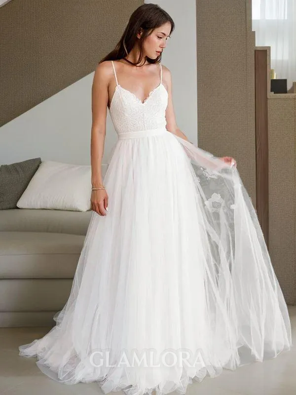 A-line Princess V-Neck Sleeveless Pretty Sweep Train Tulle Wedding Dress