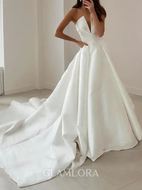 A-line V-Neck Sleeveless Sweep Train Charming Satin Wedding Dress