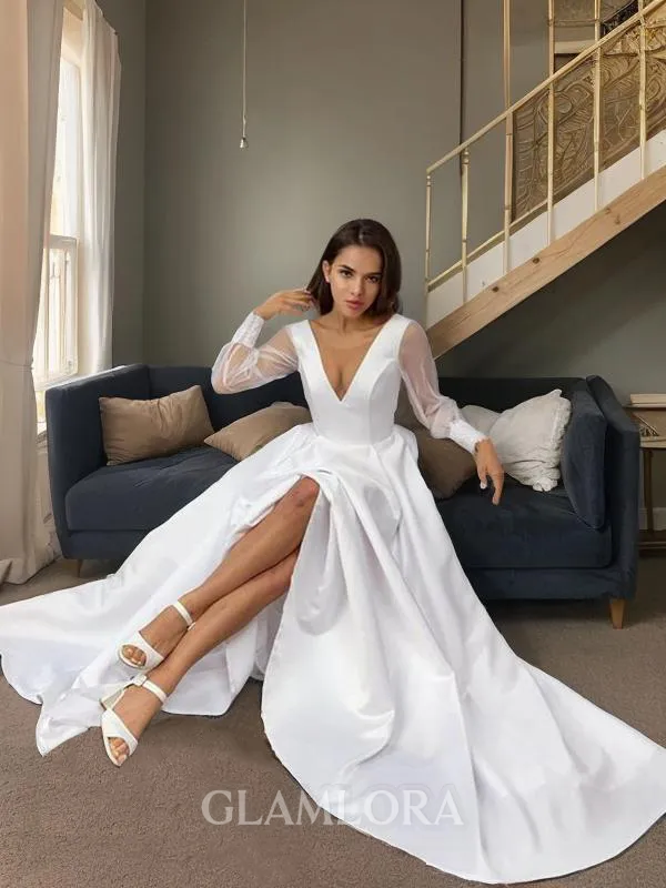 A-line V-Neck Long Sleeves Sweep Train Timeless Satin Wedding Dress