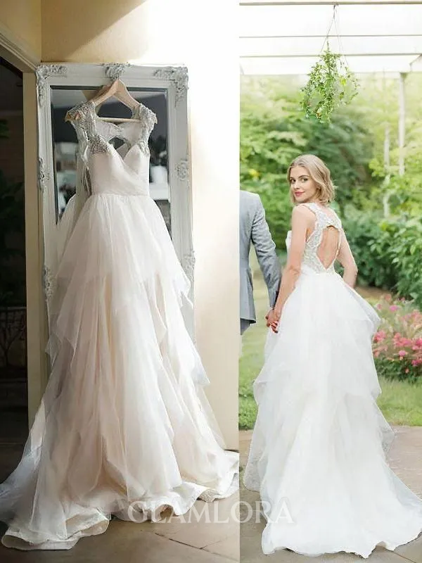 A-line Princess Straps Sleeveless Sweep Train Stunning Tulle Wedding Dress