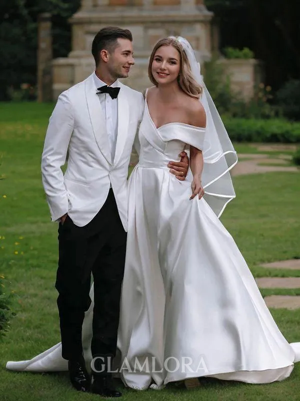 A-line Off-the-Shoulder Sleeveless Classic Cathedral Train Satin Wedding Dress