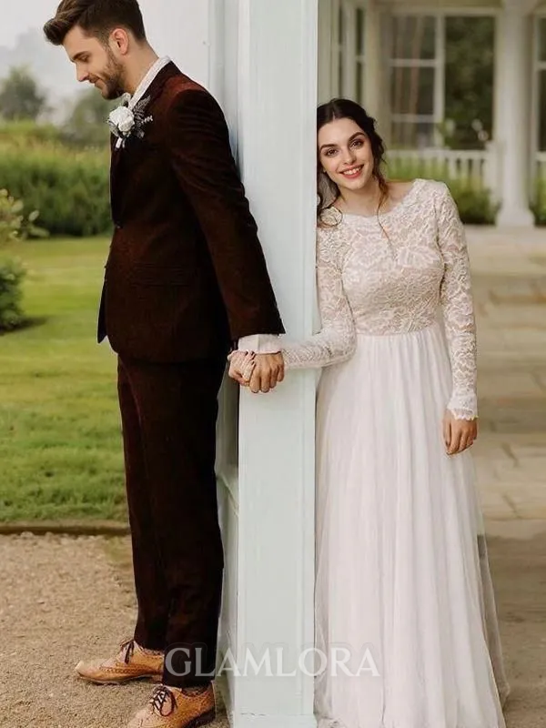 A-line Scoop Long Sleeves Stylish Sweep Train Lace Wedding Dress