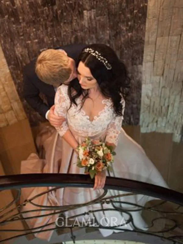 Ball-Gown V-Neck Splendid Long Sleeves Court Train Satin Wedding Dress With Lace