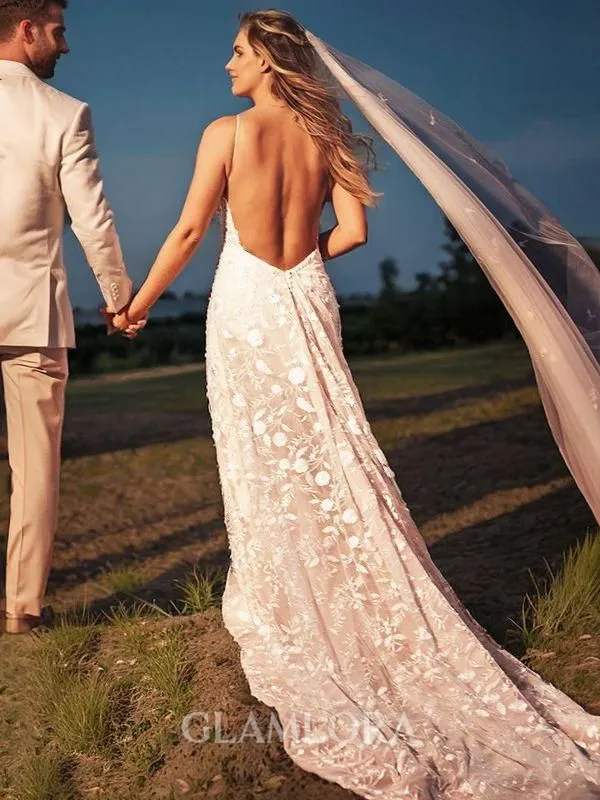Sheath/Column V-Neck Sleeveless Sweep Train Fashion Open Back Lace Wedding Dress