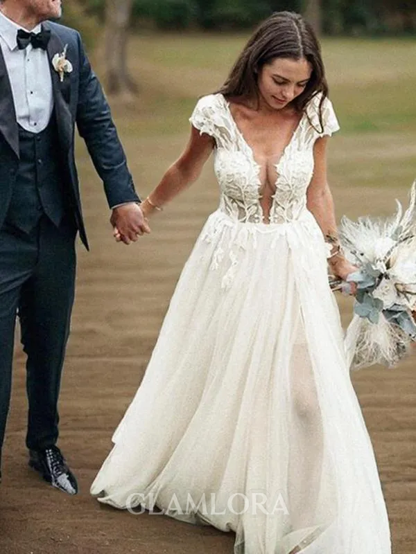 A-line V-Neck Short Sleeves Sweep Train Beautiful Lace Wedding Dress